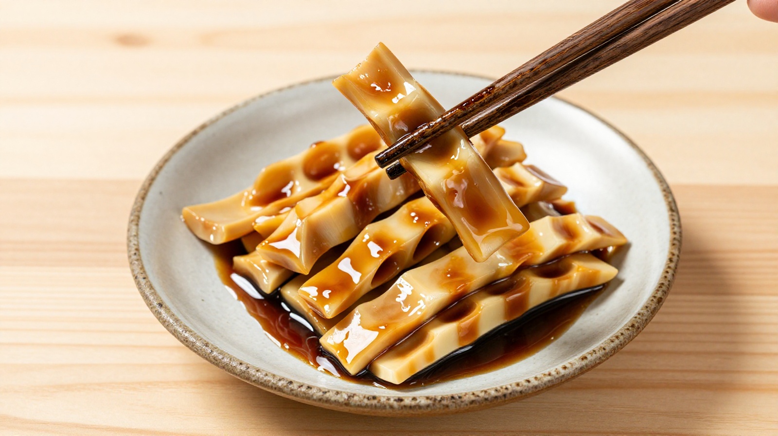 Braised bamboo shoots (Youmen Chunsun) served on a ceramic plate with chopsticks