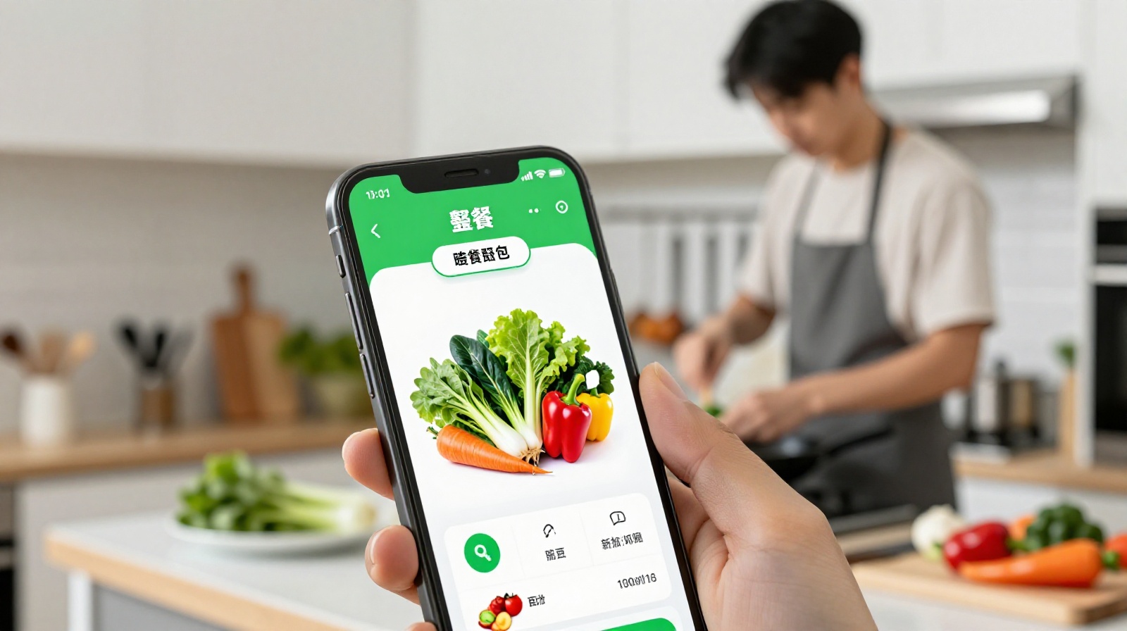 Modern Chinese consumer ordering fresh seasonal ingredients via mobile delivery app