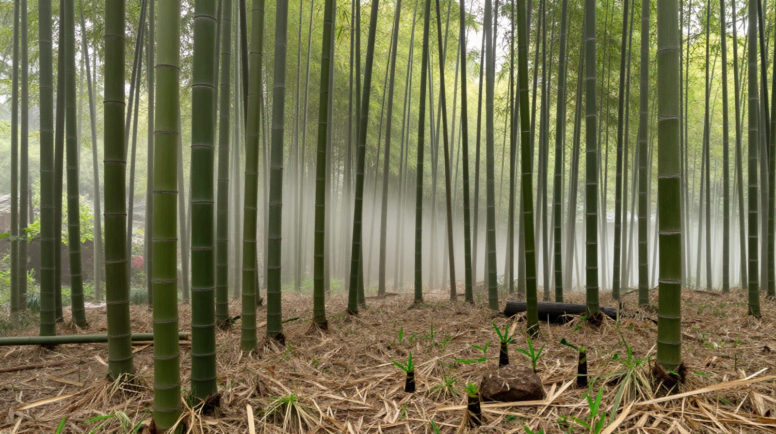 Fresh bamboo shoots emerging from the soil in a misty bamboo forest during early spring in China