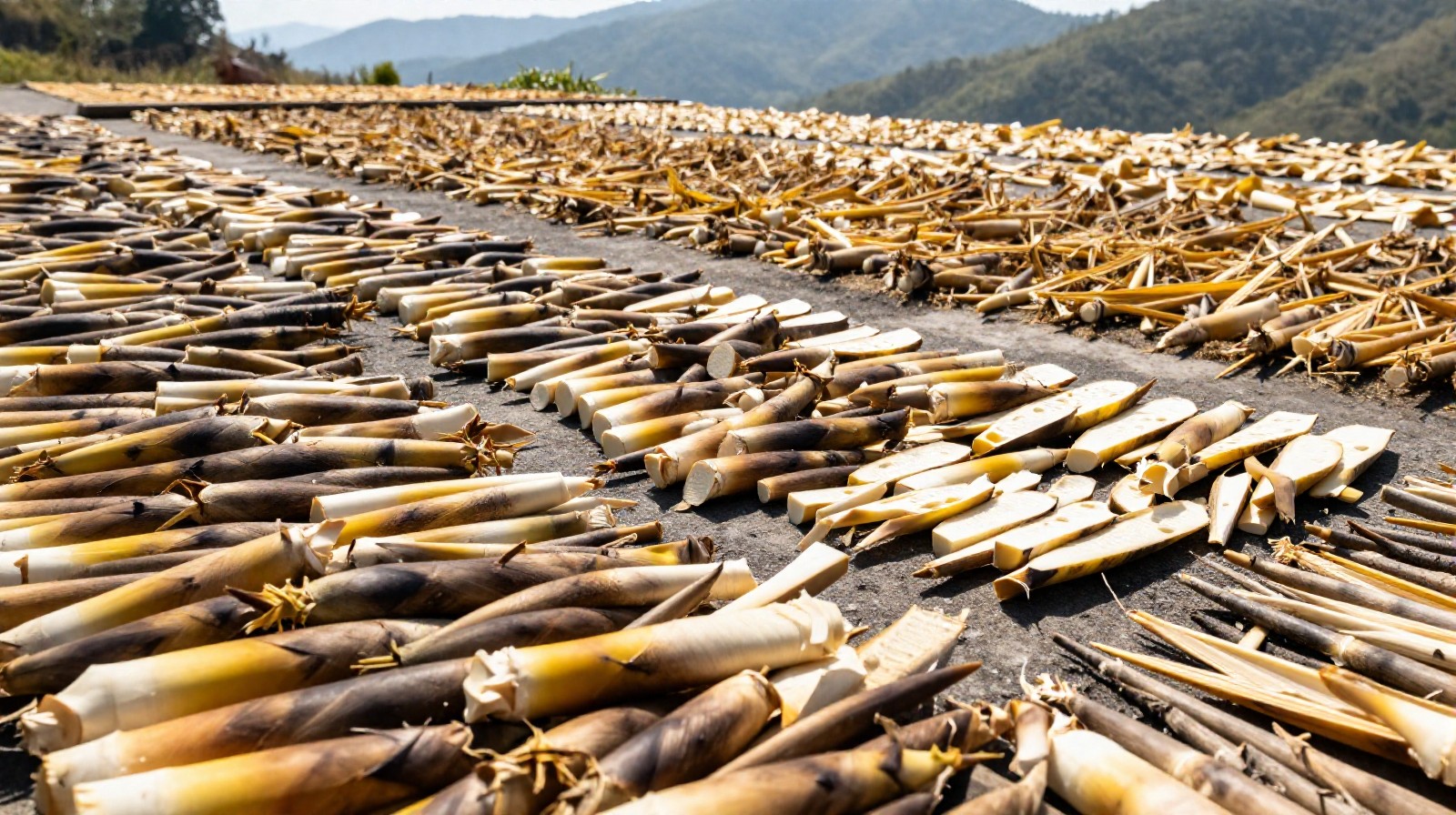 Dried bamboo shoots hanging on racks to preserve them for winter use