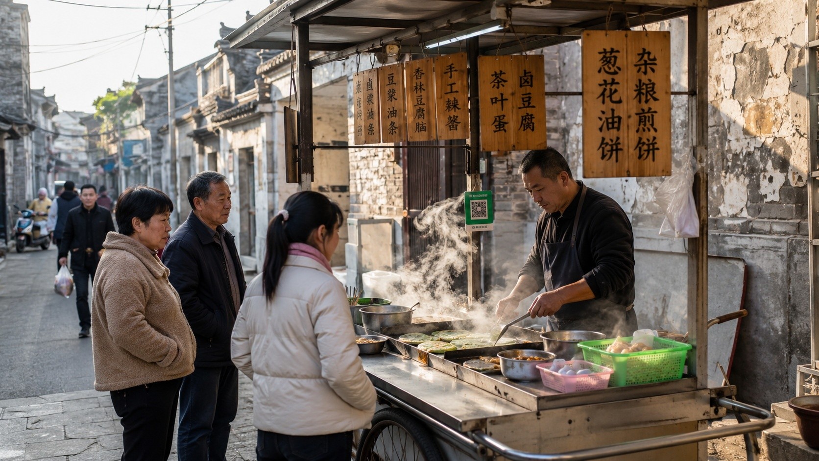 Street food vendor preparing breakfast in a newly renovated Chinese neighborhood alley with original brick walls and modern storefronts