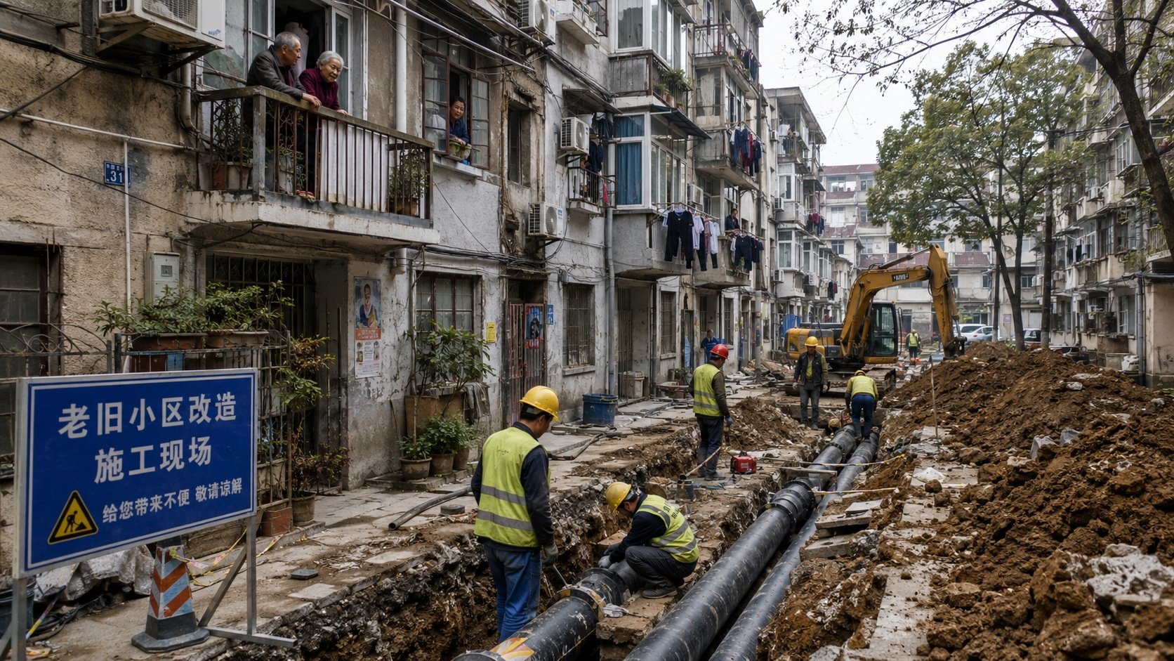 City workers upgrading underground water and electrical infrastructure during micro-renewal project in historic Chinese neighborhood