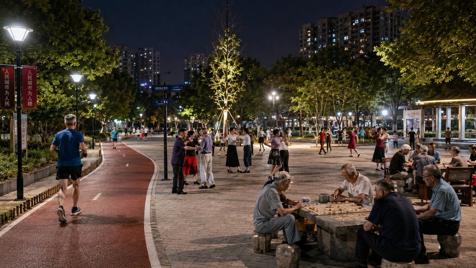 People enjoying safe nighttime activities in a well-lit Chinese city park
