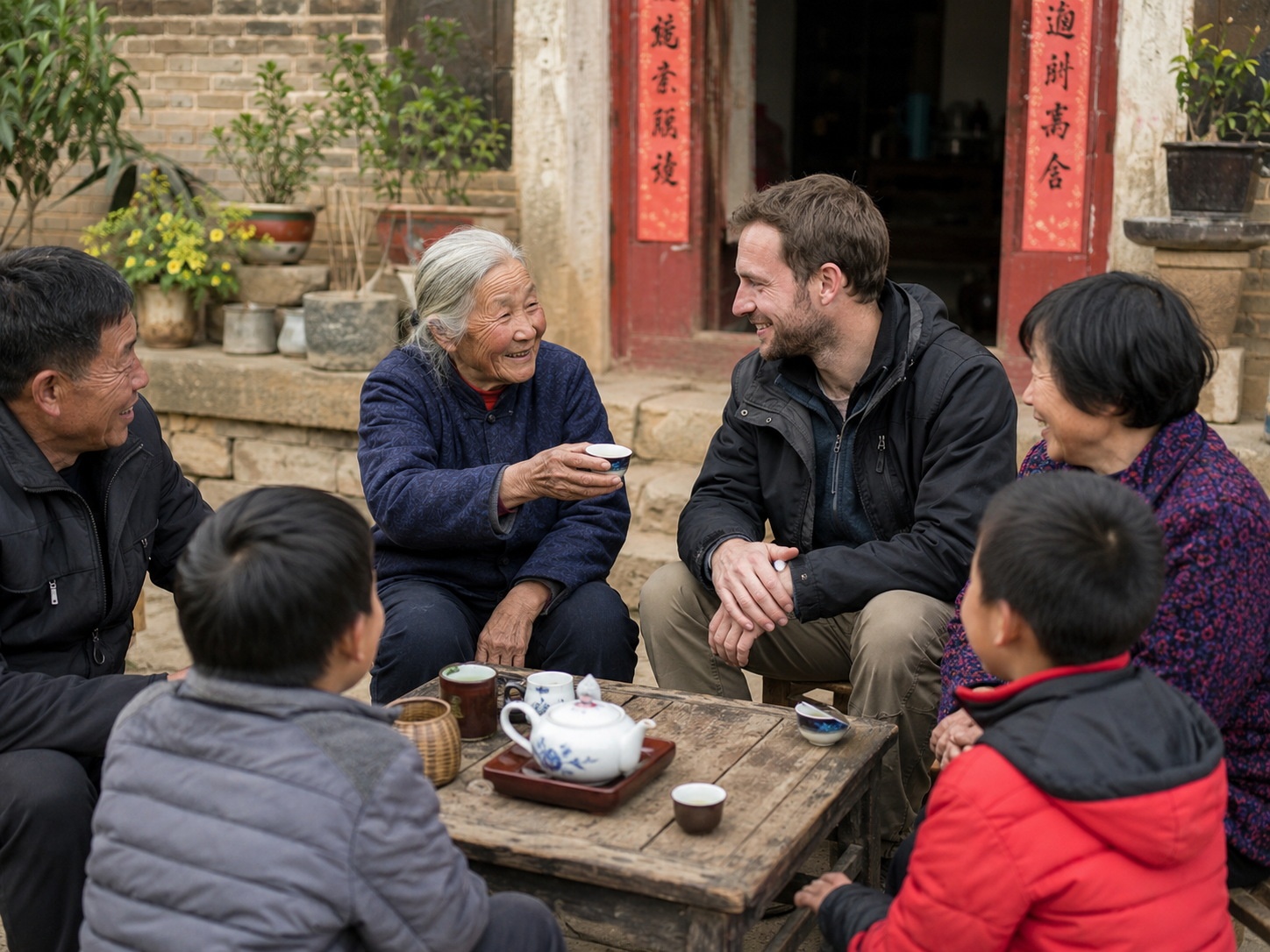 Foreigner sharing tea with friendly locals in a rural Chinese village