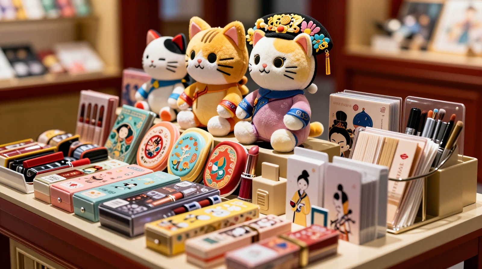 Creative merchandise from the Palace Museum, including plush toys and makeup, displayed in a modern retail setting.