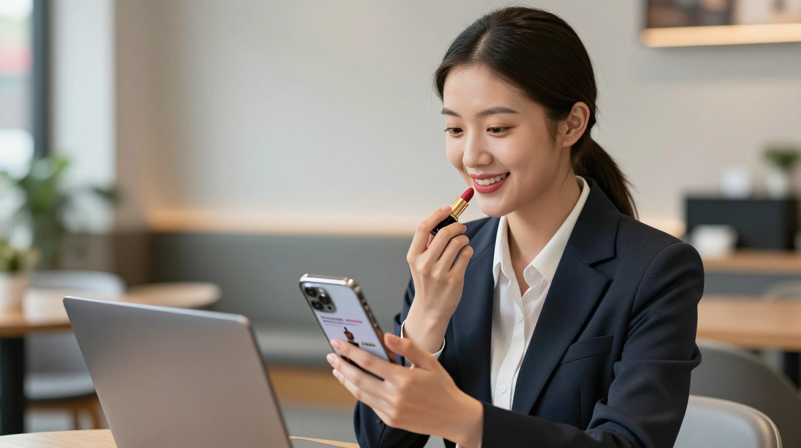 A young woman using Palace Museum-inspired lipstick in a contemporary urban setting.