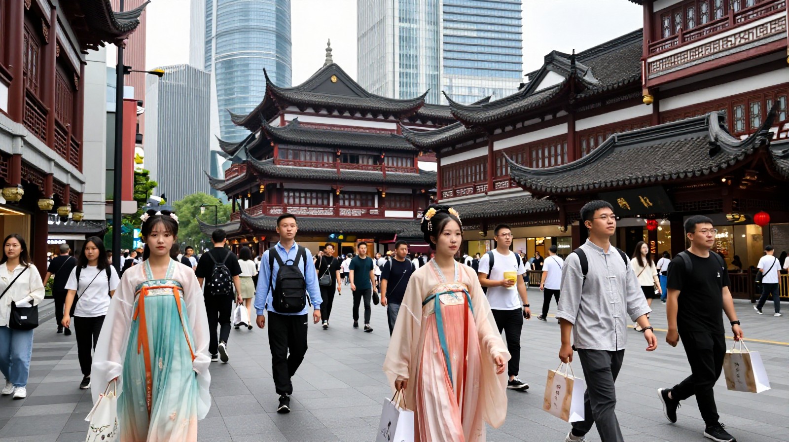 Young people on a city street in China, blending traditional fashion with modern urban life.