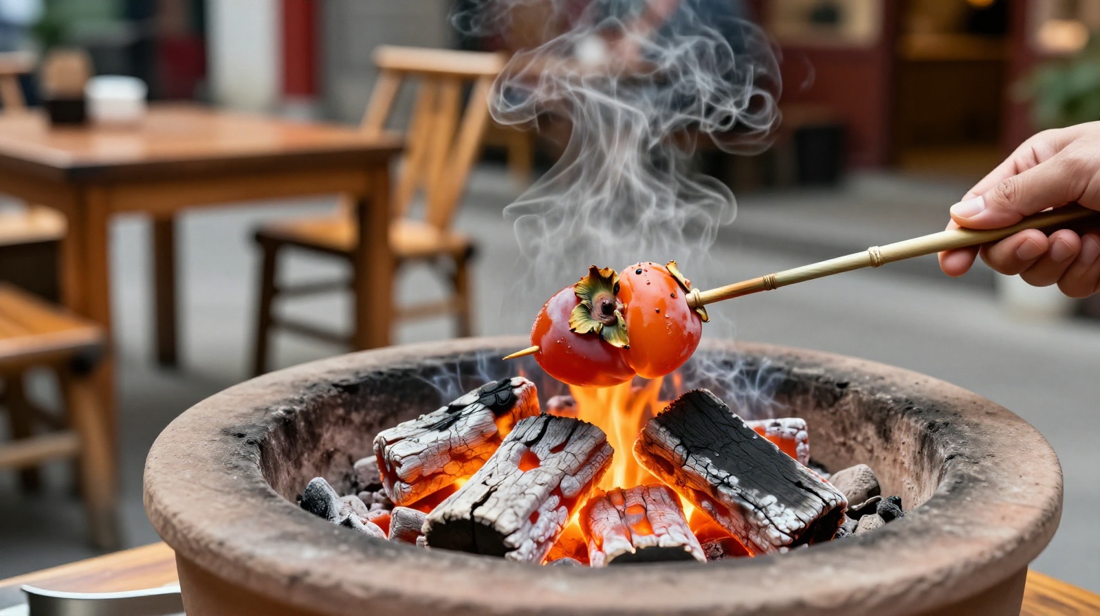 Close-up of hands roasting persimmons over a clay charcoal stove during a Chinese 'stove-boiled tea' gathering, highlighting the traditional ritual and warm atmosphere.