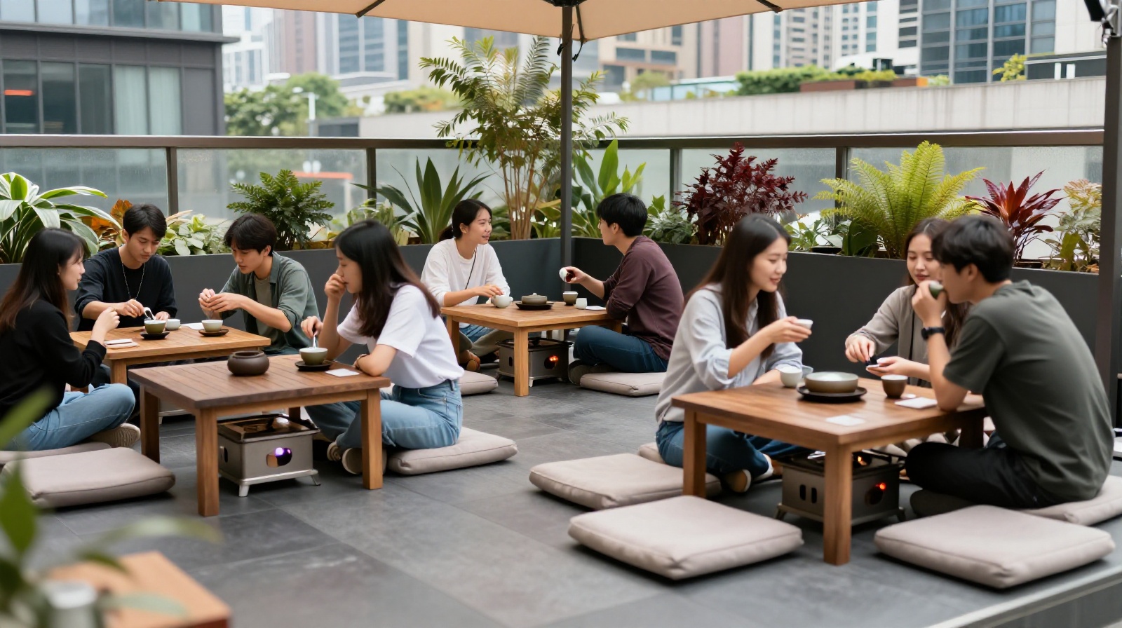 Young Chinese professionals enjoying stove-boiled tea in a converted urban cafe space, blending traditional leisure with modern city life.