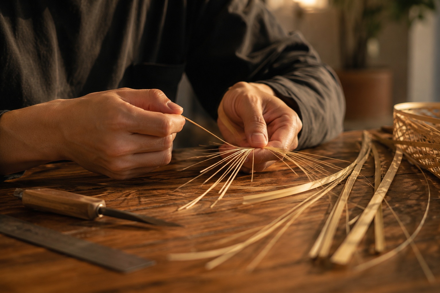 Close-up of young Chinese artisan's hands weaving bamboo strips for traditional craft
