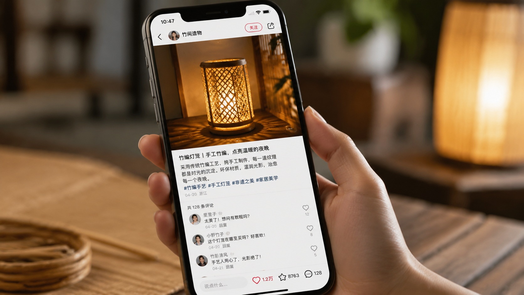 Smartphone showing a social media post of traditional Chinese bamboo craft on Xiaohongshu
