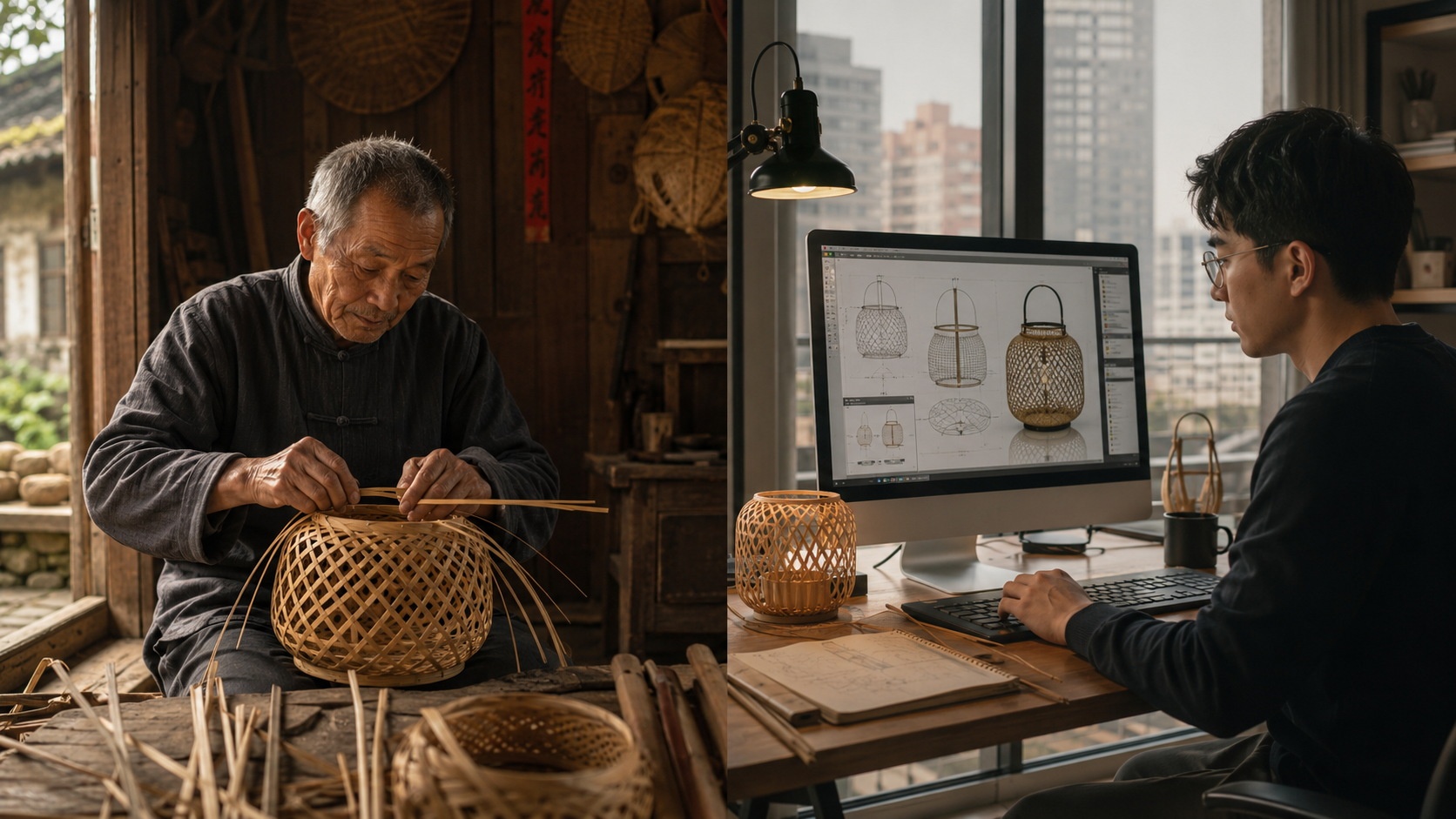 Comparison of traditional rural artisan and modern young designer working on heritage crafts
