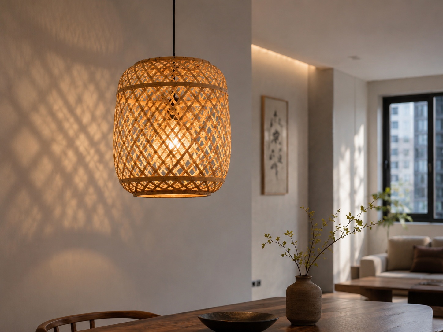 Traditional Chinese bamboo lantern displayed in a modern home interior