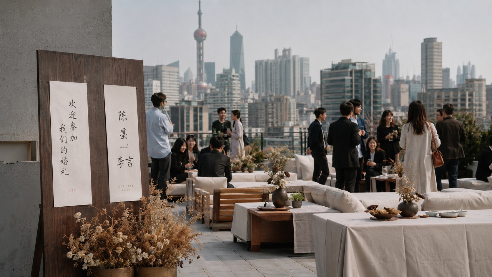 A minimalist rooftop wedding venue in a Chinese city featuring linen seating, calligraphy invitations, and muted earth tones instead of traditional red decorations