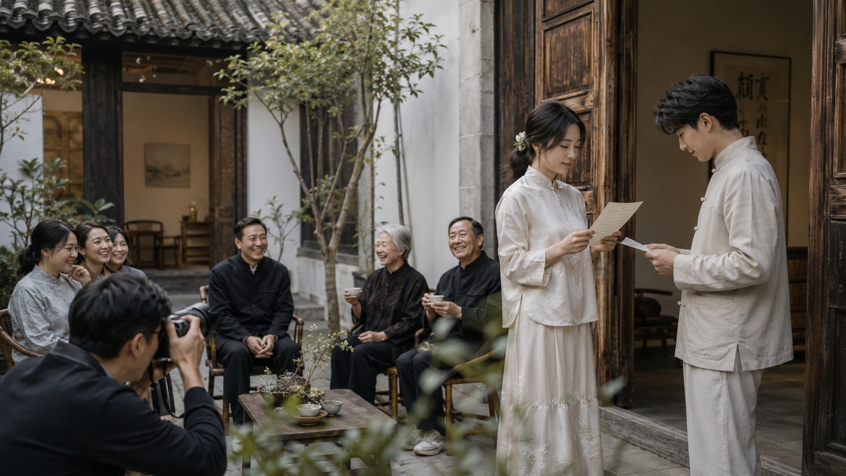 Documentary photography capturing candid guest interactions and handwritten vows at a small modern Chinese wedding in a courtyard house