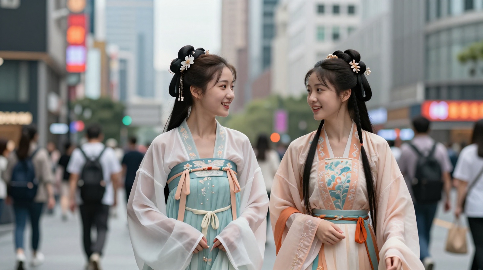 Young Chinese women wearing traditional Hanfu robes walking on a modern city street with skyscrapers in the background