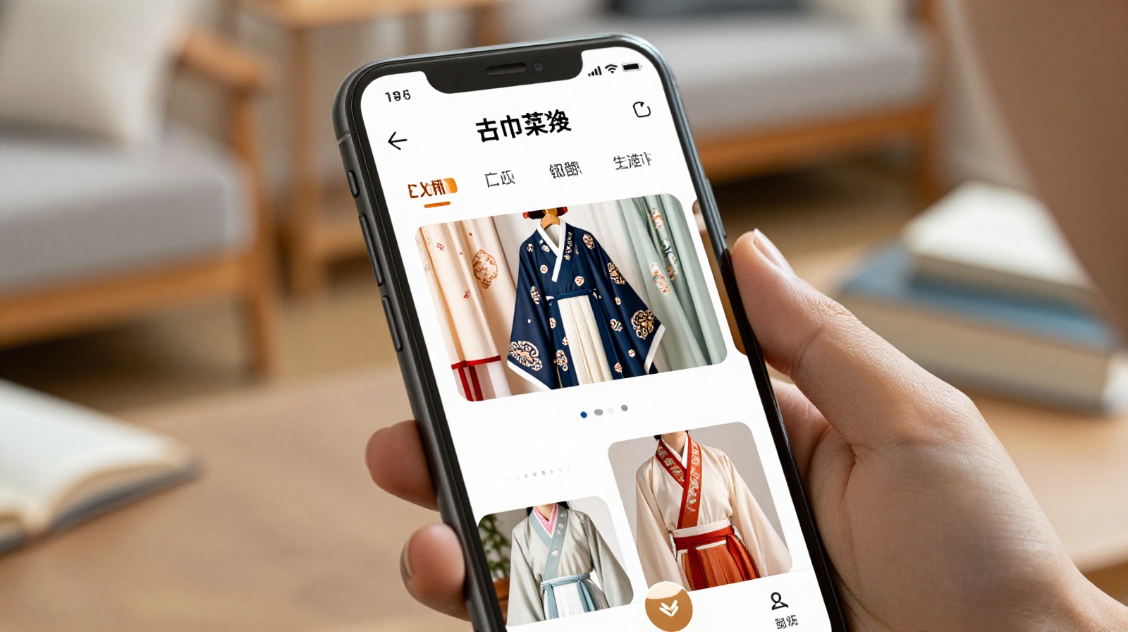 Smartphone screen showing online shopping for traditional Chinese Hanfu clothing, highlighting digital integration