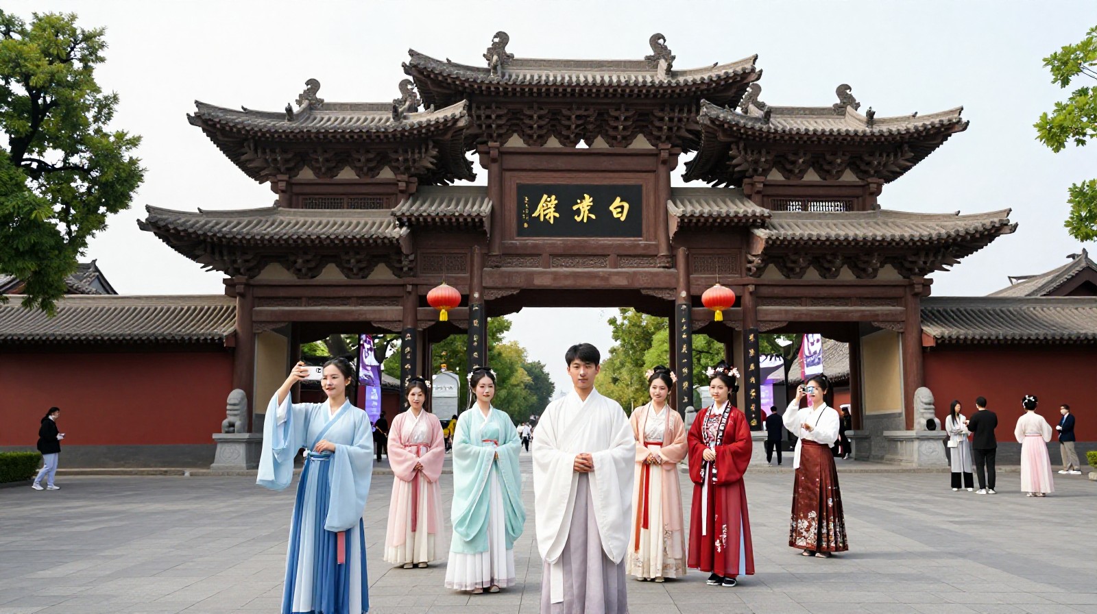 Young tourists in various Hanfu styles visiting a historic Chinese temple site for cultural tourism