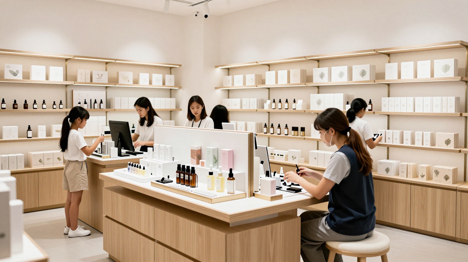 Shoppers testing locally made skincare products at a modern Chinese beauty brand storefront