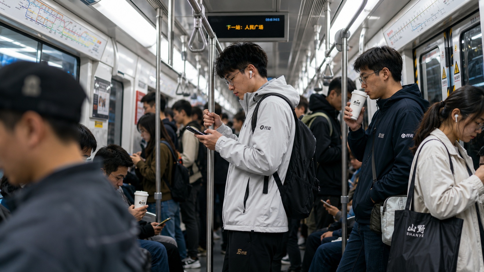 Young commuters on a Chinese subway wearing local sportswear brands and holding coffee cups during morning rush hour