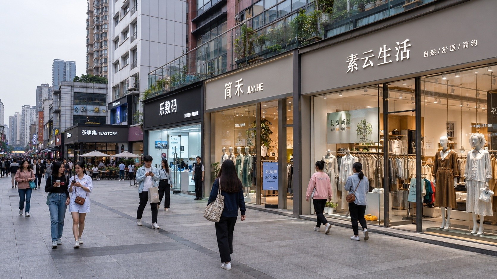 Street view of a Chinese shopping district with local fashion and café brands and pedestrians using shopping apps