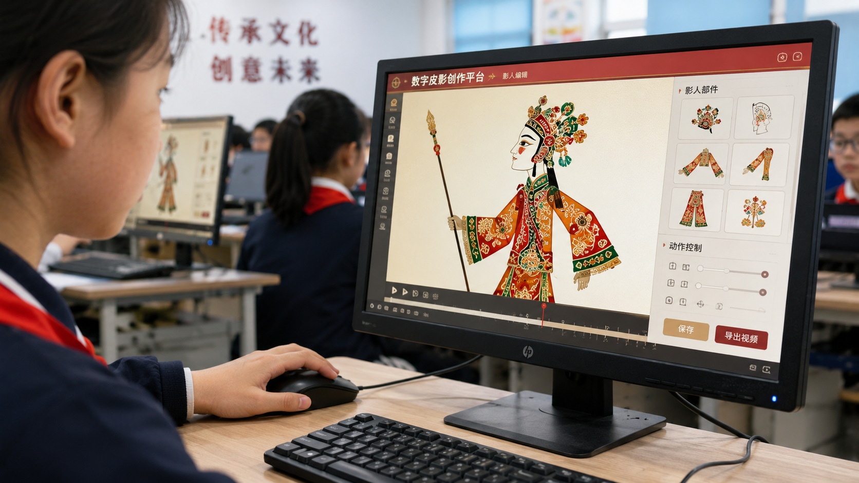 Close-up of a student controlling a digital animation of a traditional Chinese shadow puppet using a computer mouse in a modern classroom.