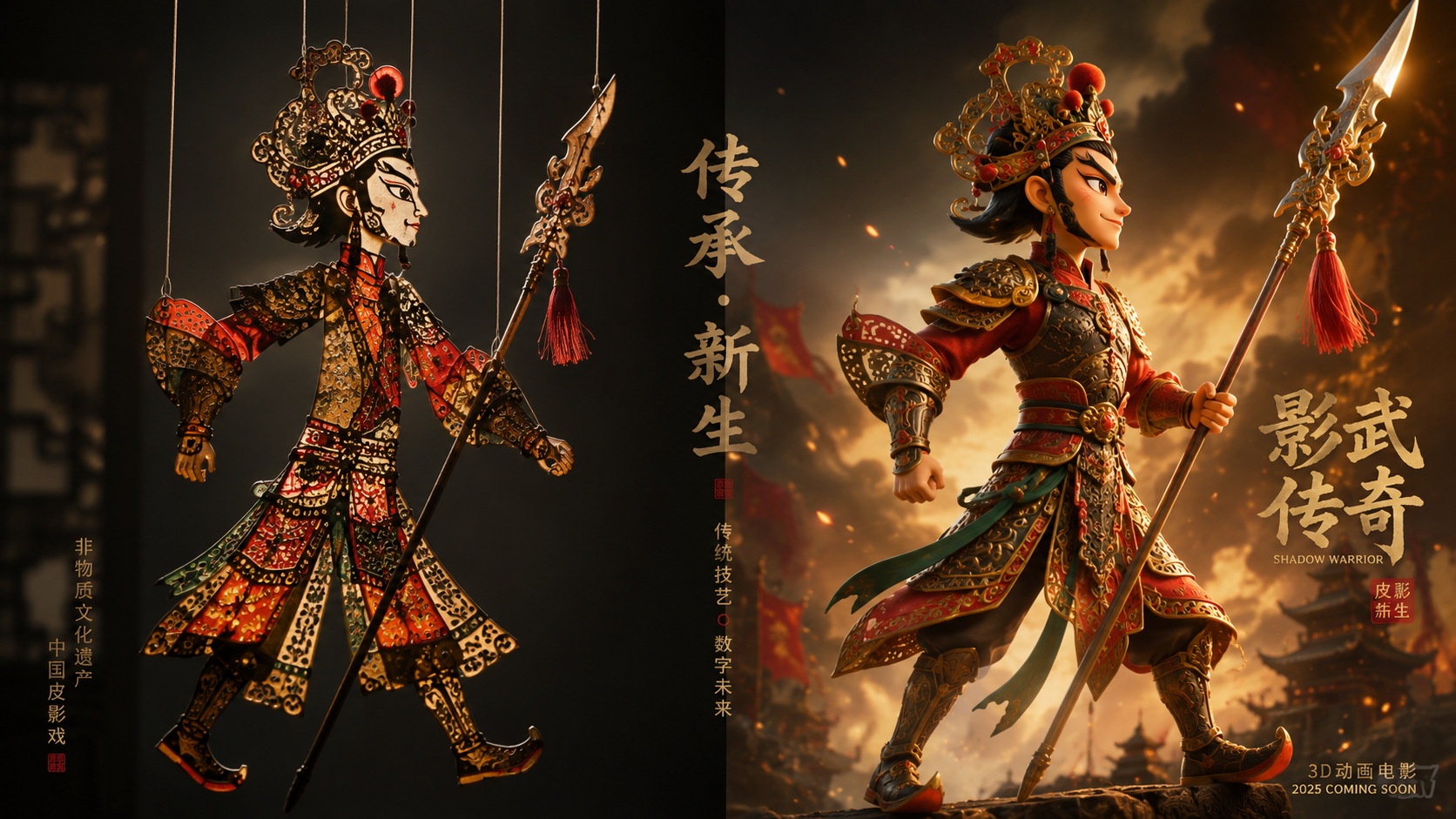 Comparison between a traditional physical leather shadow puppet and its modern 3D animated counterpart, showcasing the evolution of Chinese cultural heritage.