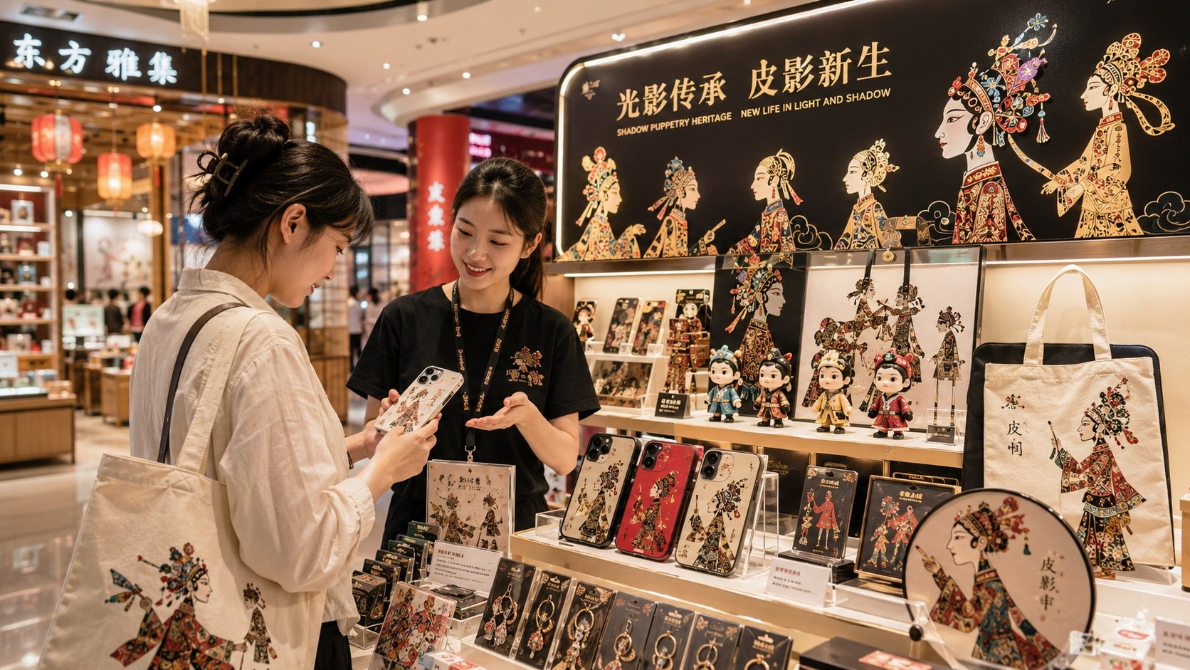 Modern merchandise featuring shadow puppet art displayed in a contemporary retail store, appealing to young consumers.