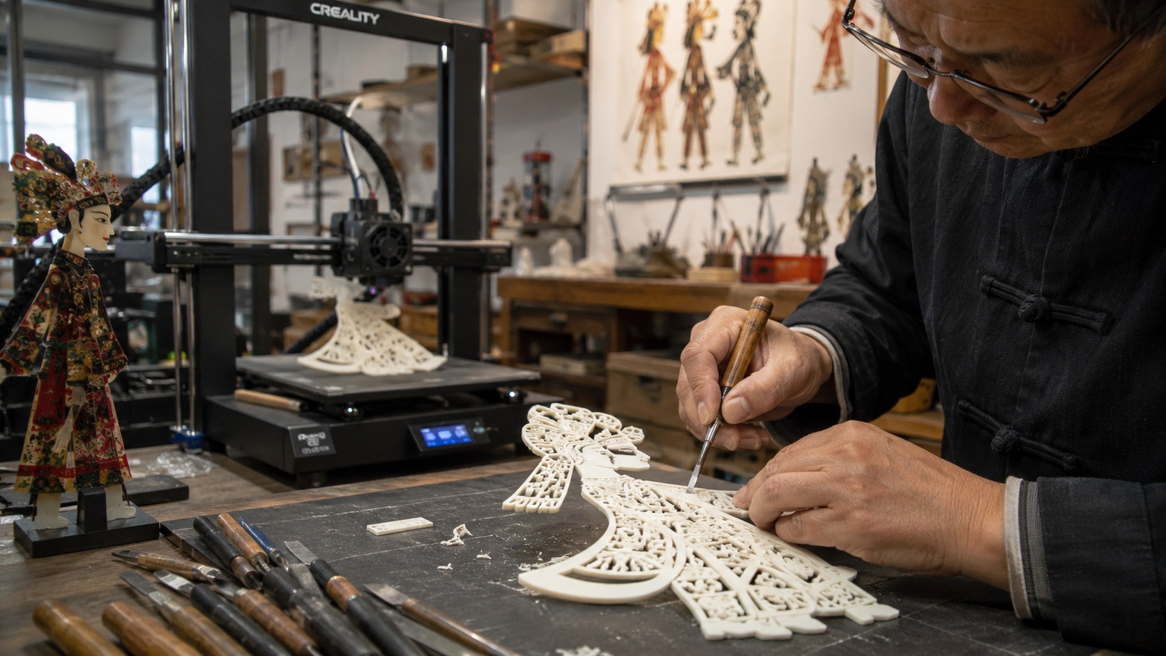 An artisan combining 3D printed molds with traditional hand-carving techniques in a modern workshop.