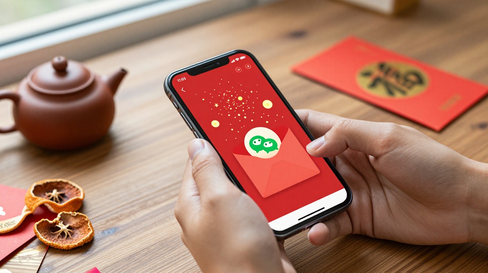 Close-up of a smartphone screen showing an animated WeChat red envelope interface placed on a wooden table next to traditional Chinese New Year items like dried tangerine peels and a clay teapot
