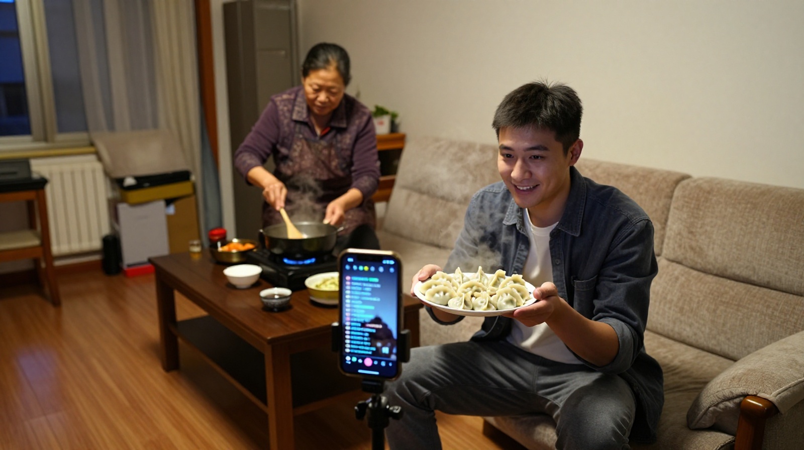Young man live-streaming his family's dumpling dinner from a modest living room, with smartphone screen showing live chat and older relative cooking in background