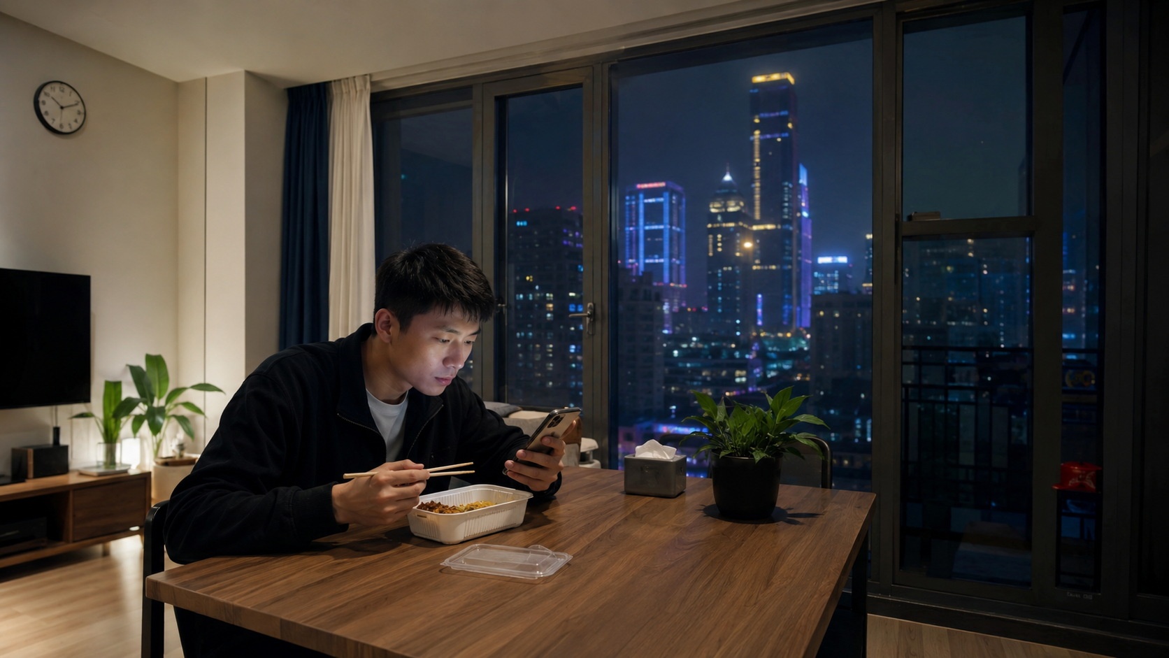 Young Chinese professional eating solo takeout dinner in an apartment with city view