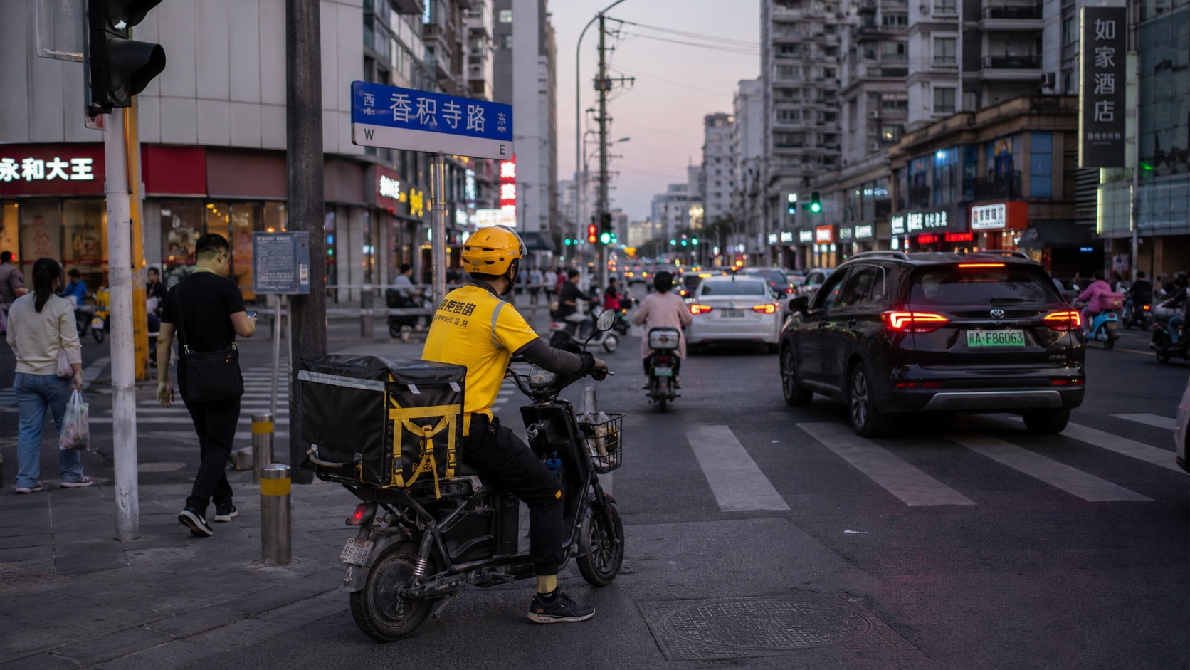 Chinese food delivery rider on an electric scooter navigating city traffic at dusk
