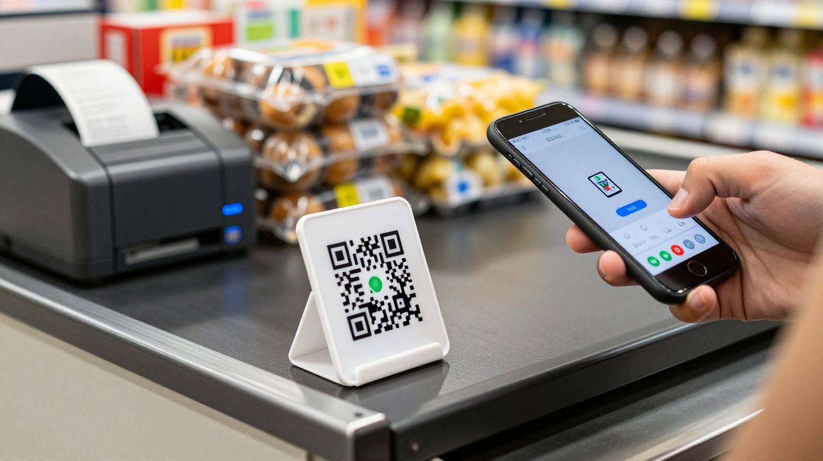 Foreign tourist scanning a QR code payment stand at a Chinese supermarket checkout counter