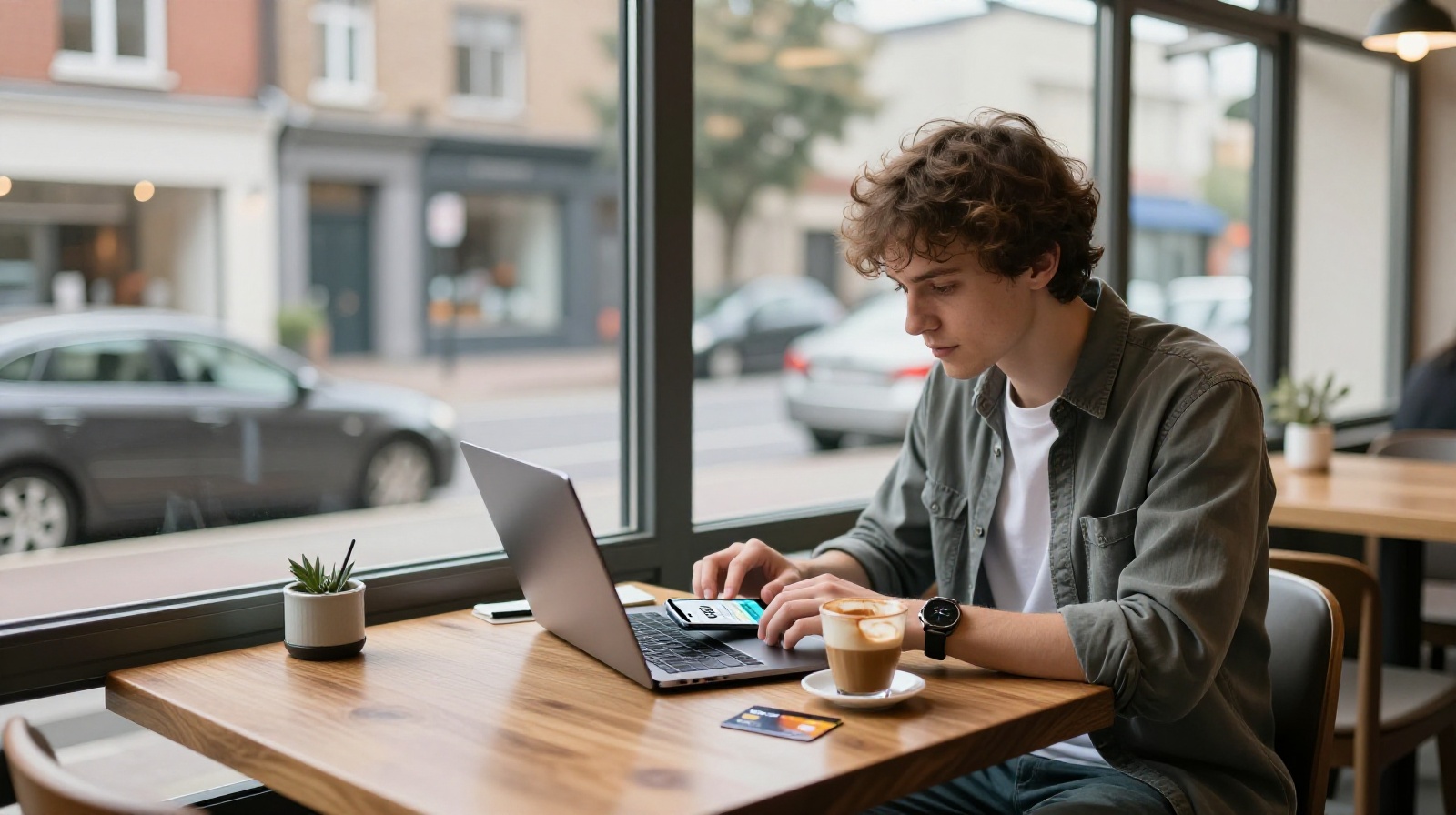 Foreign visitor binding an international bank card to Alipay or WeChat Pay in a city café