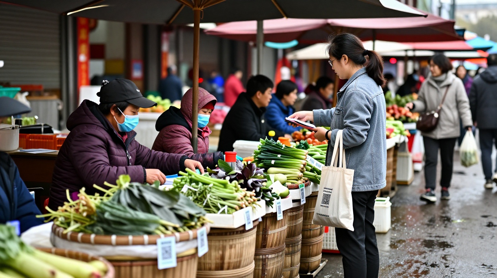 Street vendors at a Chinese wet market using printed QR codes for mobile payments