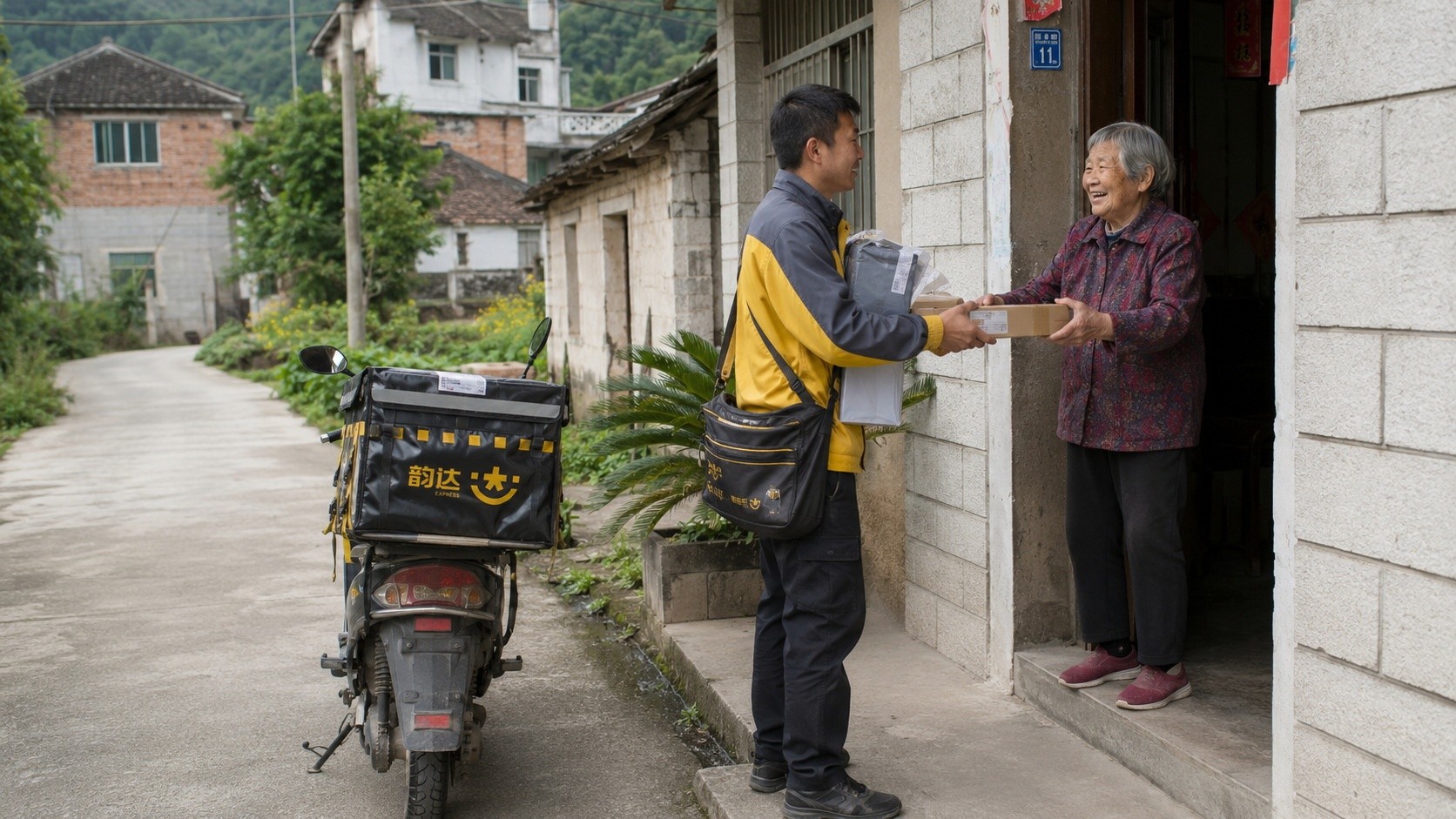 A logistics courier delivering packages to a remote village, illustrating the reach of China's rural distribution network.