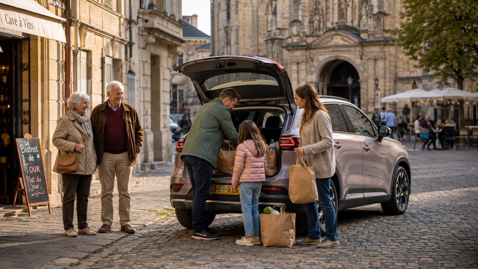 European family loading groceries into a Chinese electric SUV on a historic city street