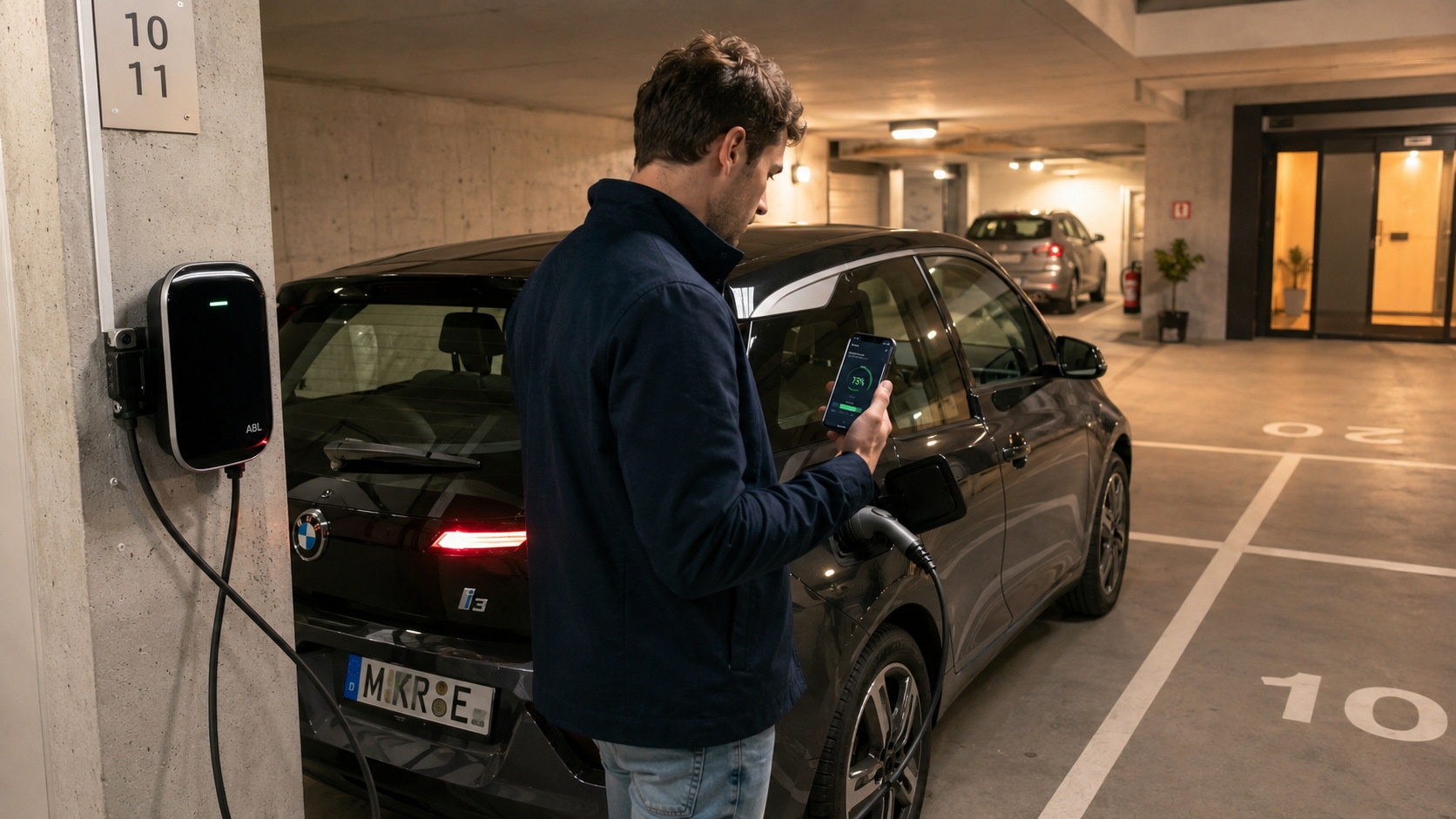 Young commuter using a smartphone app to monitor home EV charging in a European residential garage
