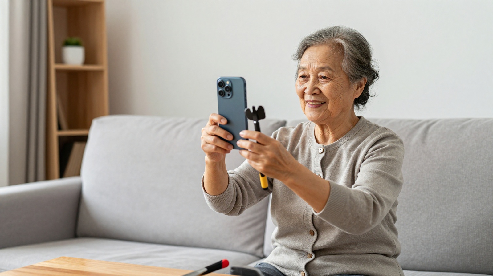 Senior Chinese woman recording a vlog about her daily life or hobbies at home