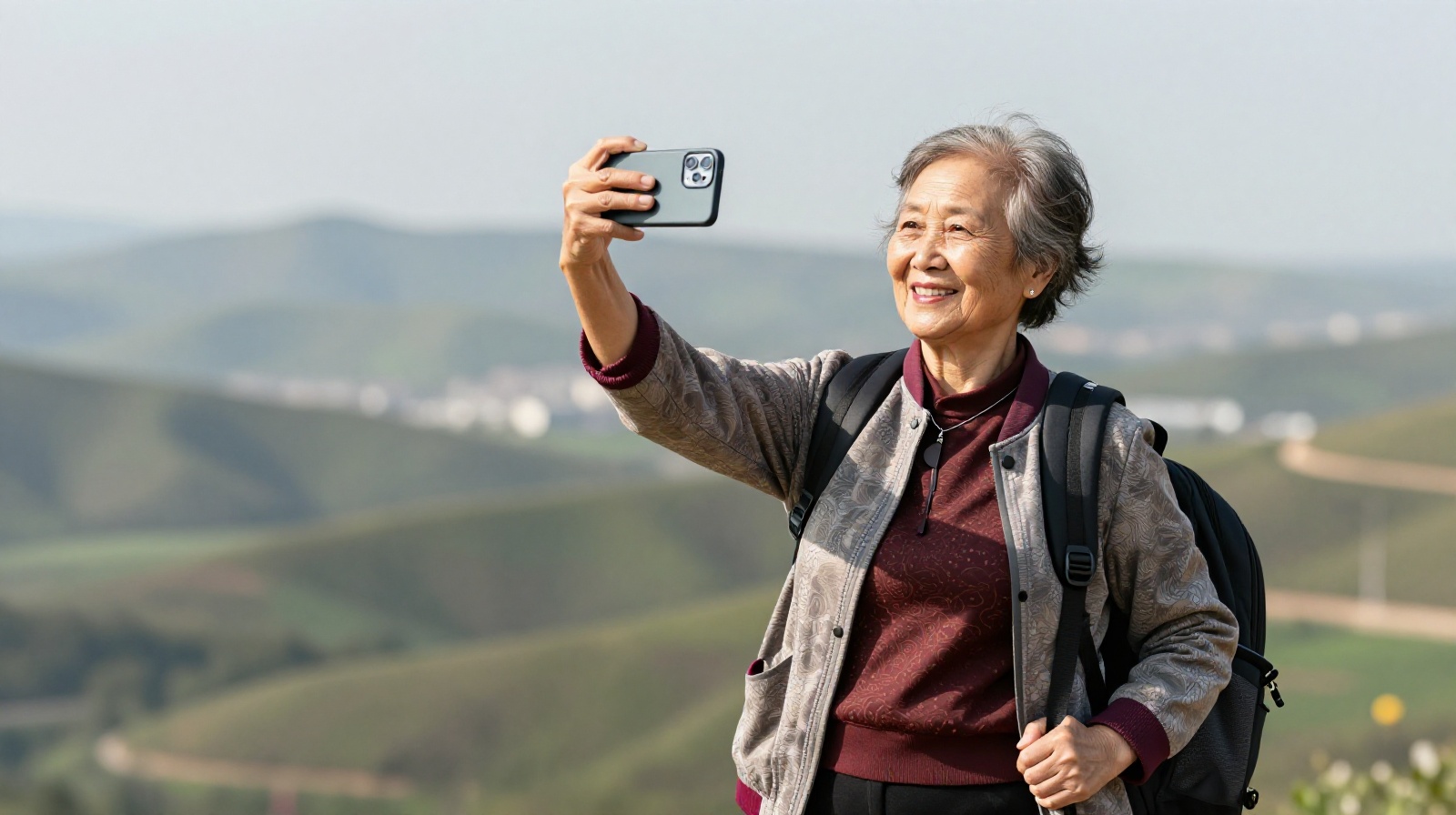 Empowered senior Chinese traveler creating content on social media