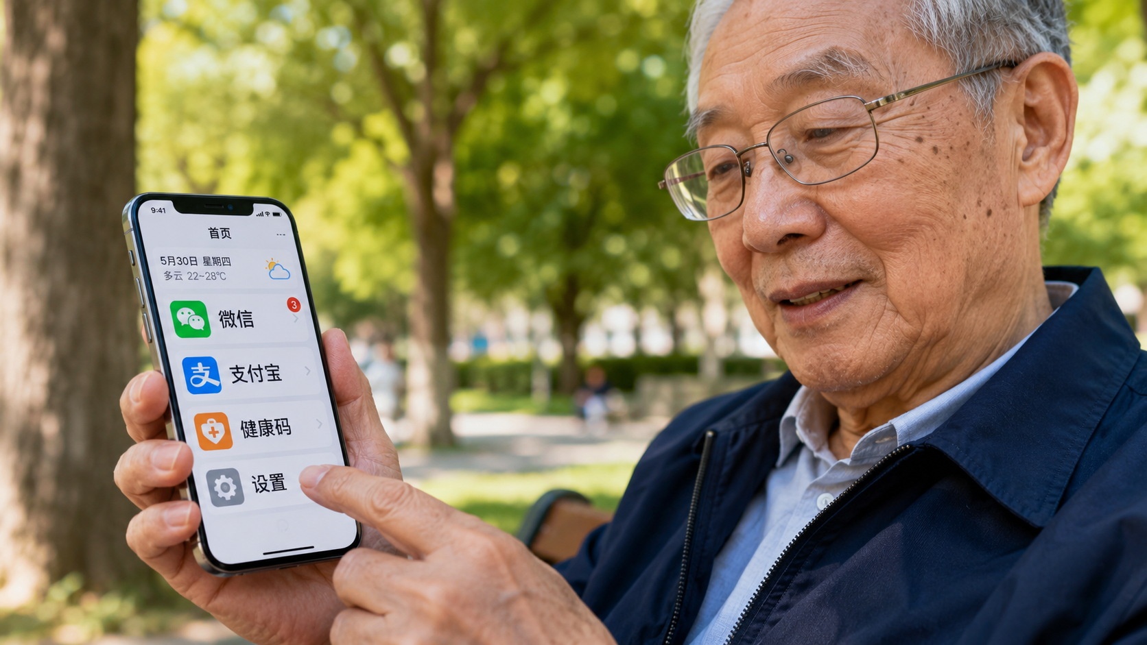 Close up of an elderly Chinese man using a smartphone with large text settings in a park