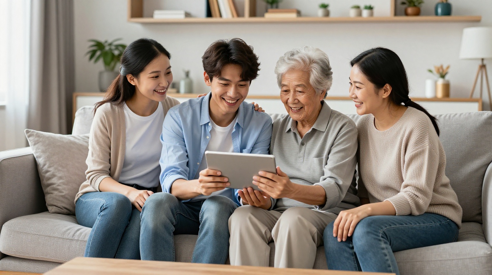 Younger generation helping senior family member navigate digital content