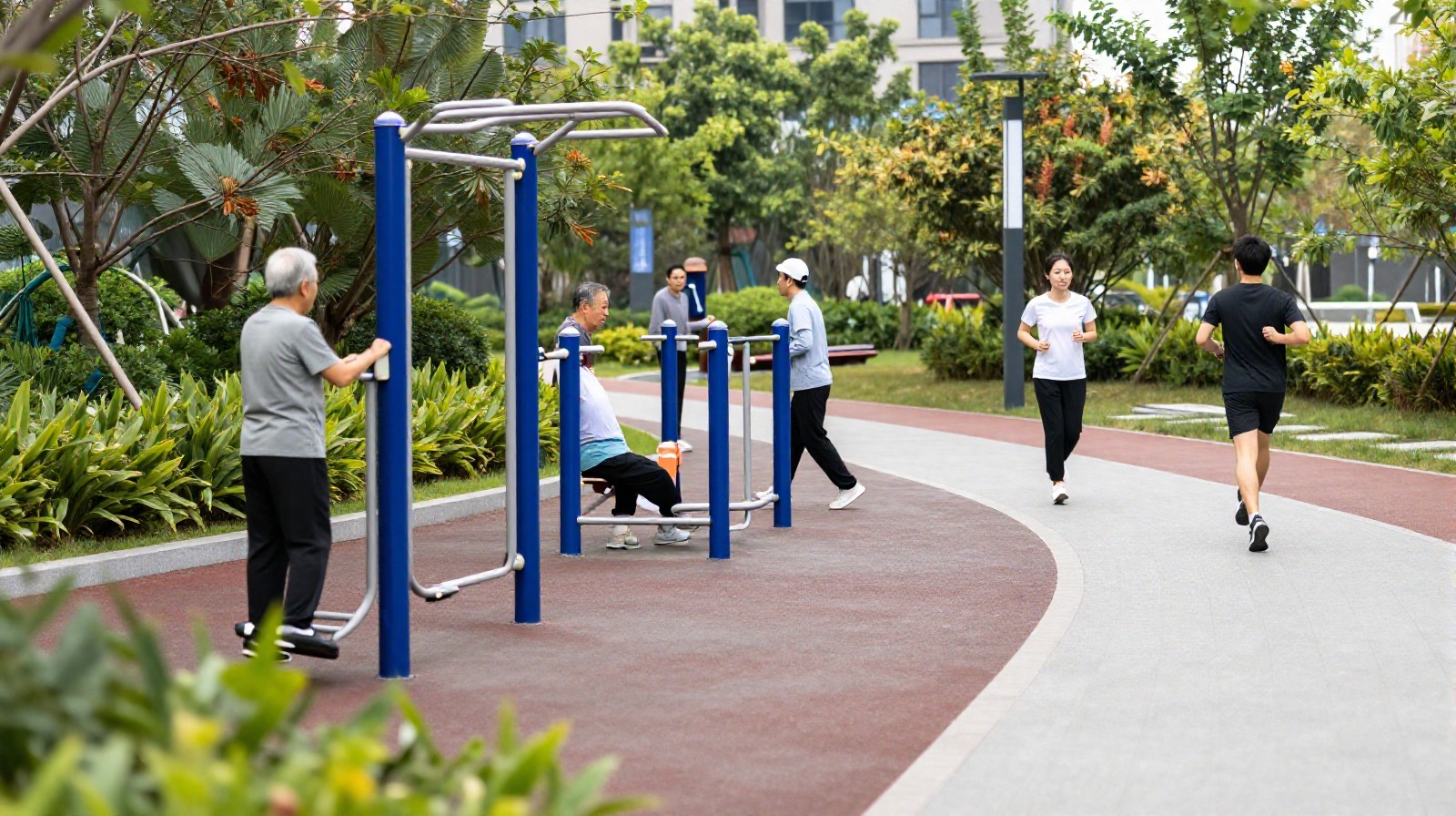 Elderly residents exercising at an outdoor gym in a Chinese pocket park, with greenery and urban buildings in the background