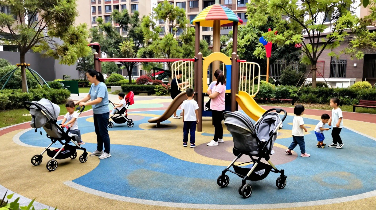 Families enjoying leisure time at a playground in a neighborhood pocket park in Hangzhou, China