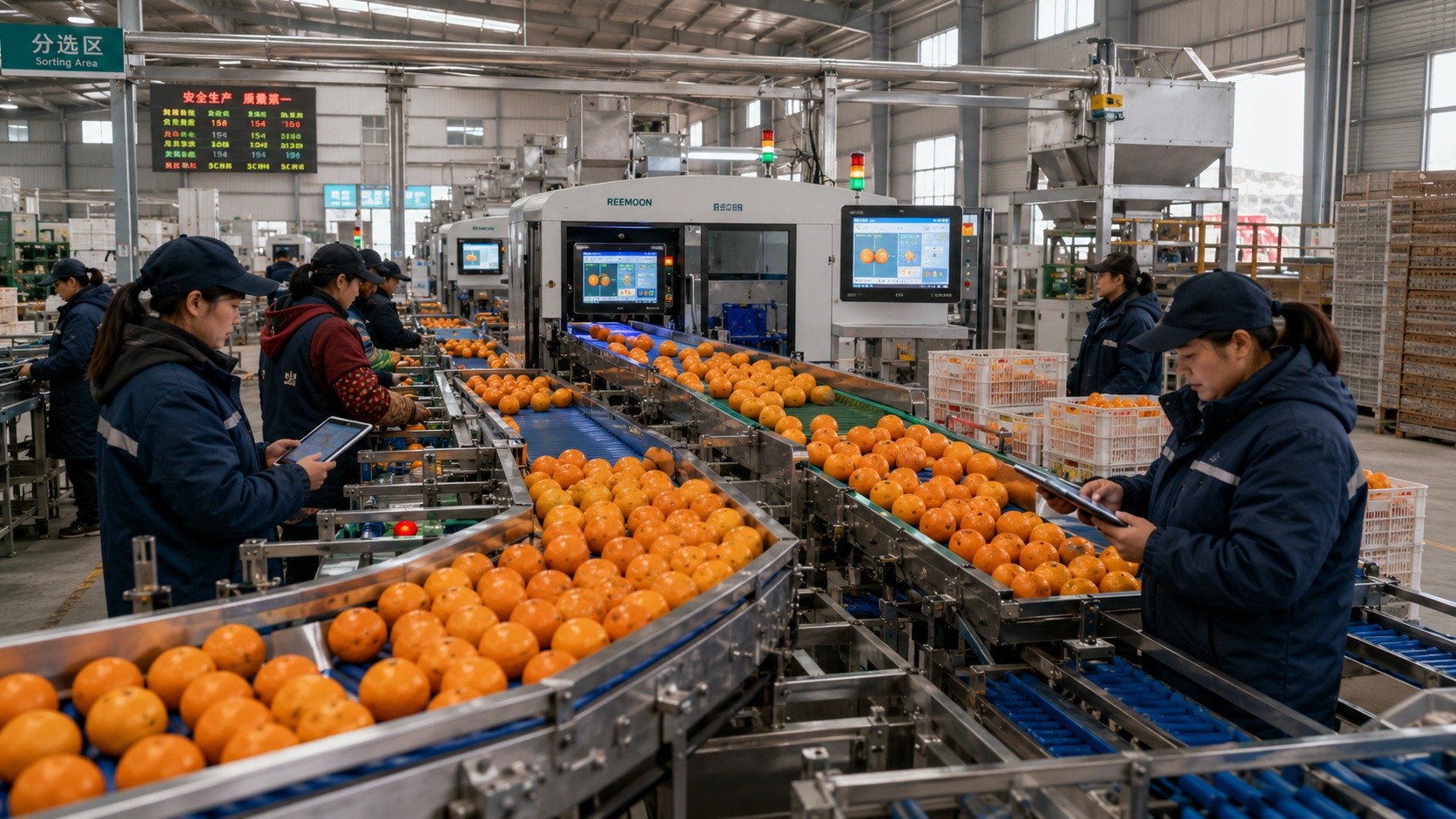 Workers operating automated sorting machines in a Chinese county-level agricultural logistics center