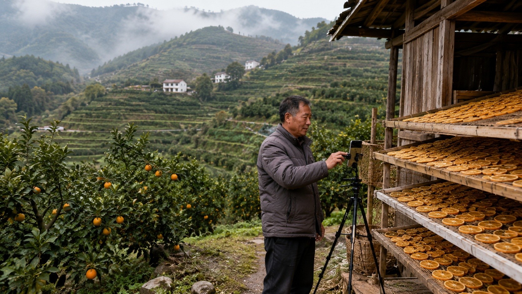 A Chinese fruit grower using a smartphone to monitor harvest data in a terraced orange orchard