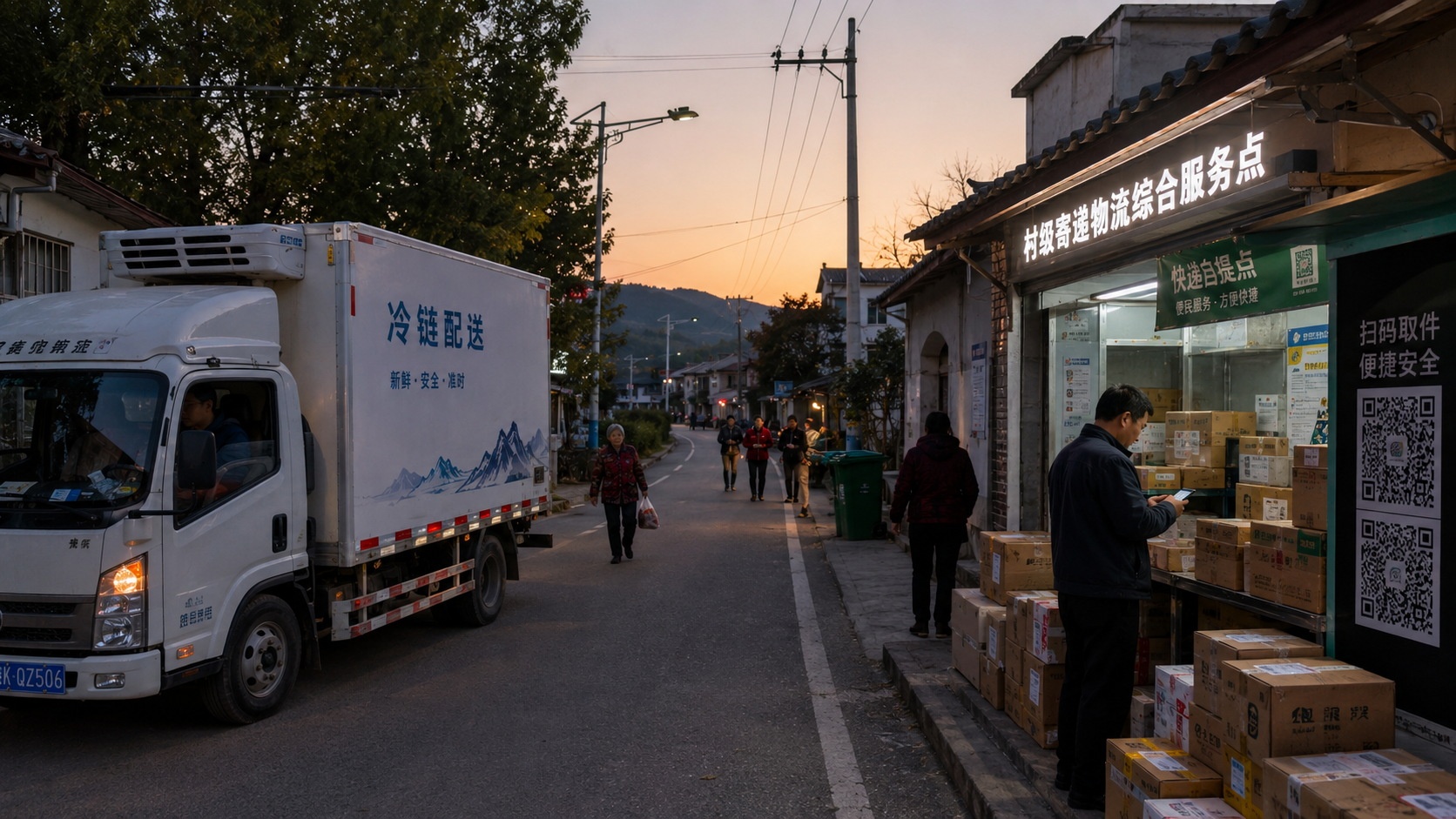 Refrigerated e-commerce delivery vehicle parked at a rural village distribution hub during evening hours