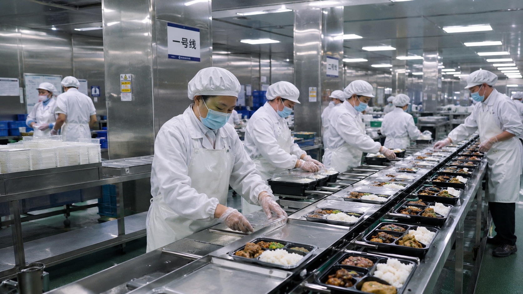 Industrial central kitchen in China where pre-made meals are mass-produced with strict hygiene standards and automated packaging lines.