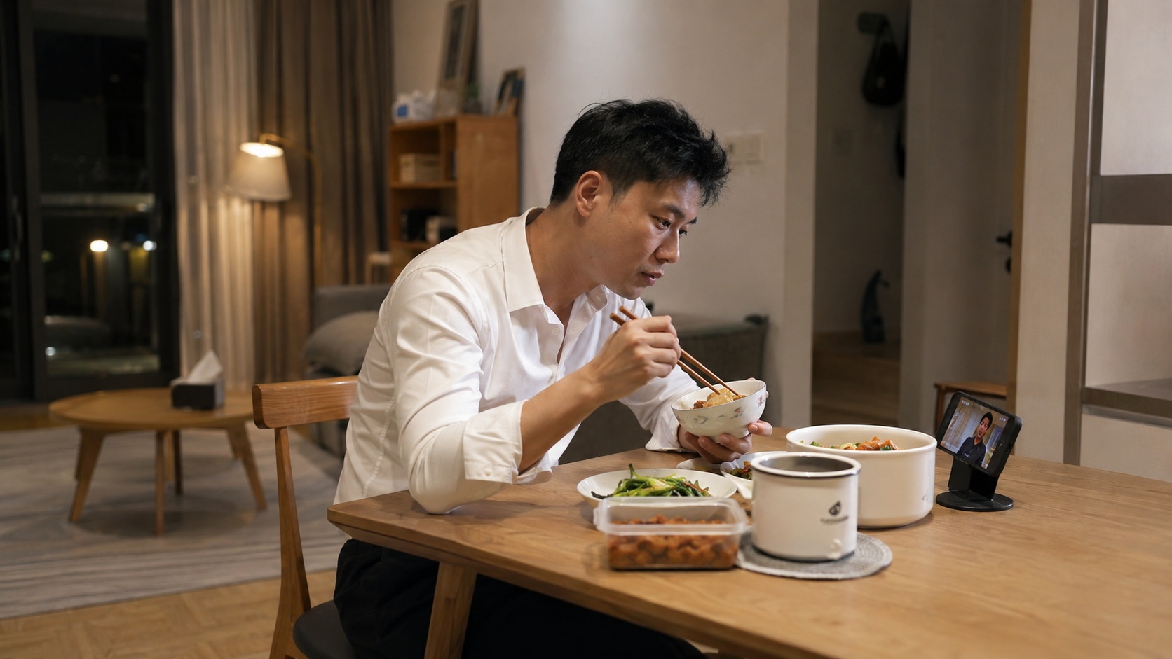 A young professional enjoying a pre-made meal at home in a modern Chinese apartment, illustrating the personal convenience and solitary lifestyle of city dwellers.